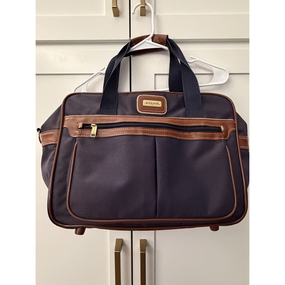 Jaguar Navy Blue Canvas Travel Bag Brown Trim Weekender Carry On Gold Hardware